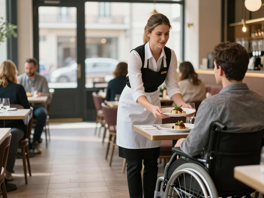 Une serveuse souriante servant un client en fauteuil roulant à une table adaptée dans une brasserie toulousaine lumineuse et accessible.