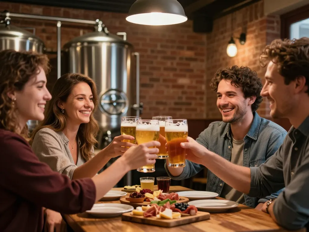 Groupe d'amis caucasiens souriants trinquant avec des bières artisanales dans un brewpub toulousain aux murs de briques rouges.