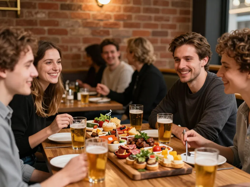 Groupe d'amis souriants partageant une planche de tapas variées et des verres de bière dans le cadre chaleureux d'une brasserie toulousaine aux murs de briques.