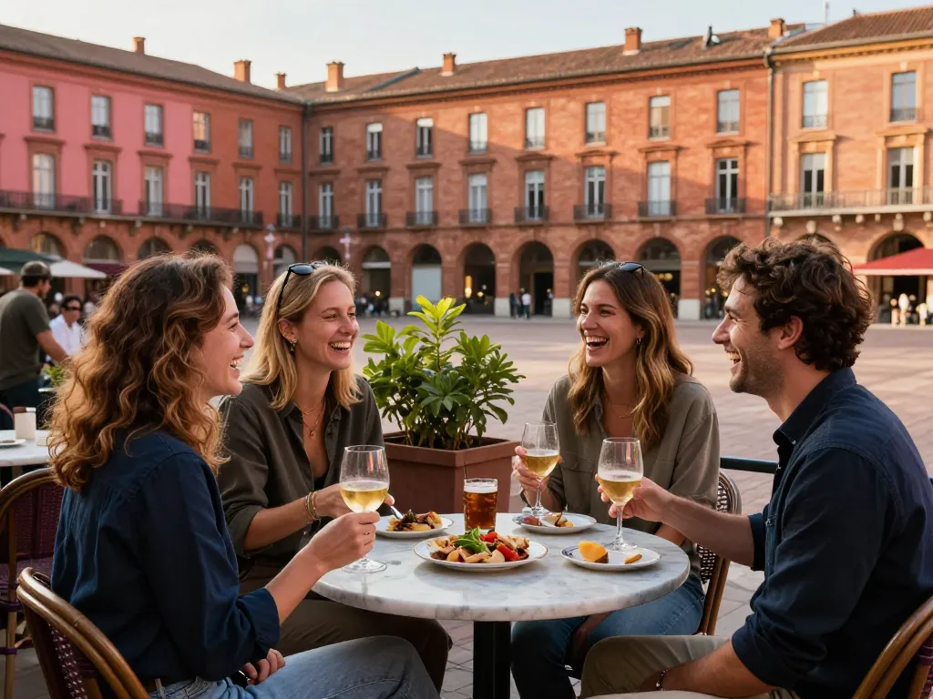 Groupe d'amis partageant un moment de convivialité autour d'un apéritif sur une terrasse ensoleillée aux briques rouges de Toulouse.