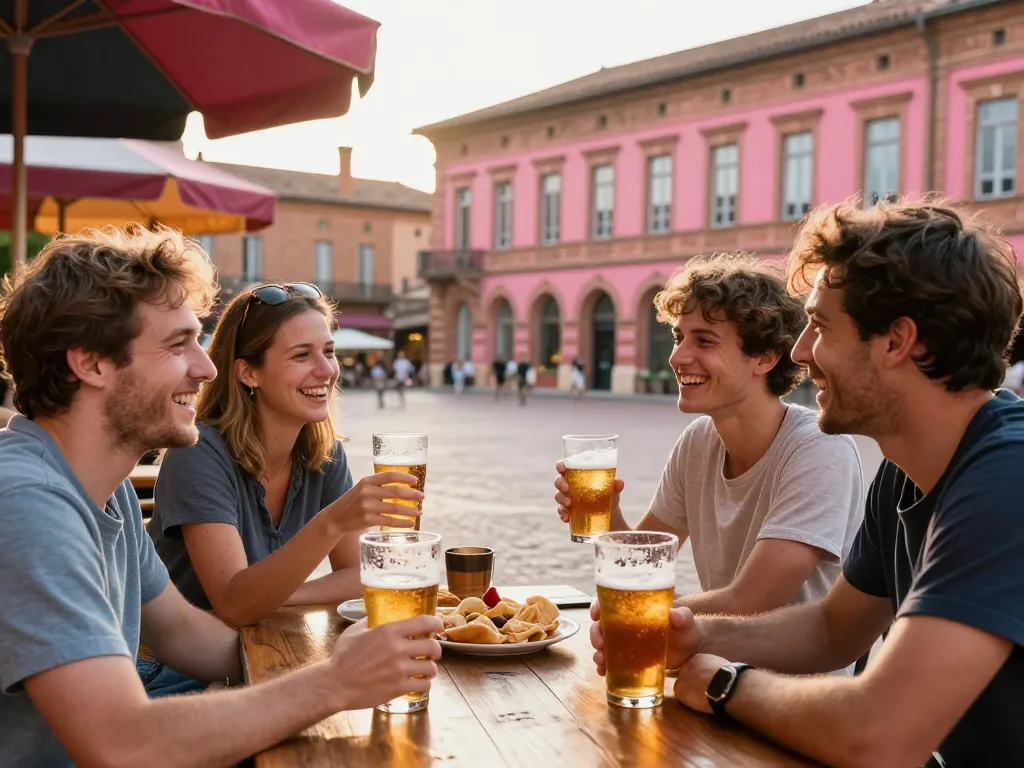 Amis souriants partageant un verre en terrasse ensoleillée sur une place historique de Toulouse aux murs de briques roses.