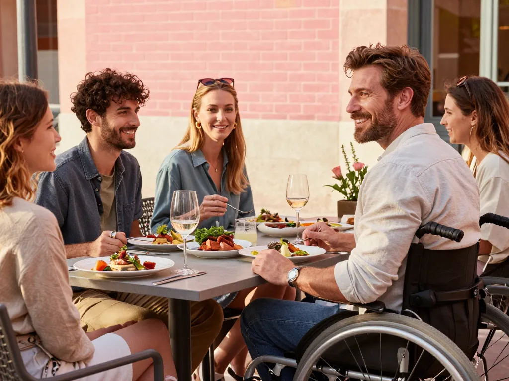 Groupe d'amis dont une personne en fauteuil roulant partageant un repas gastronomique sur une terrasse ensoleillée aux briques roses à Toulouse.