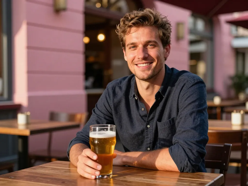 Portrait réaliste de Thomas M., un client caucasien souriant à la terrasse d'une brasserie toulousaine.