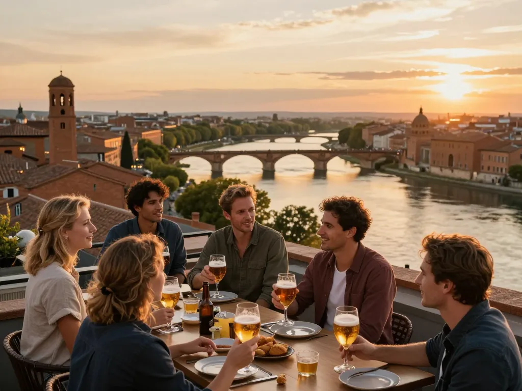 Vue aérienne du Pont-Neuf à Toulouse au coucher du soleil depuis la terrasse d'une brasserie avec des clients.